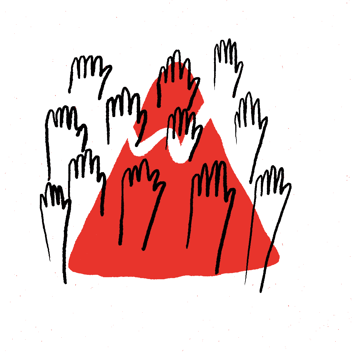 Hand-drawn illustration of many hands raised around a red mountain