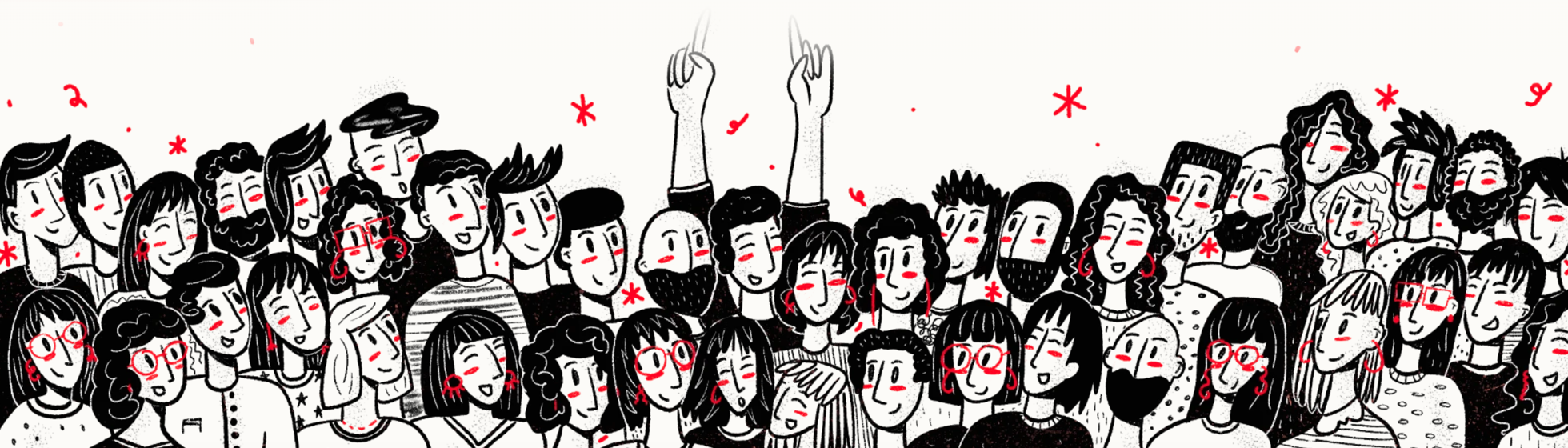 A hand-drawn crowd of people, two hands raised in the middle