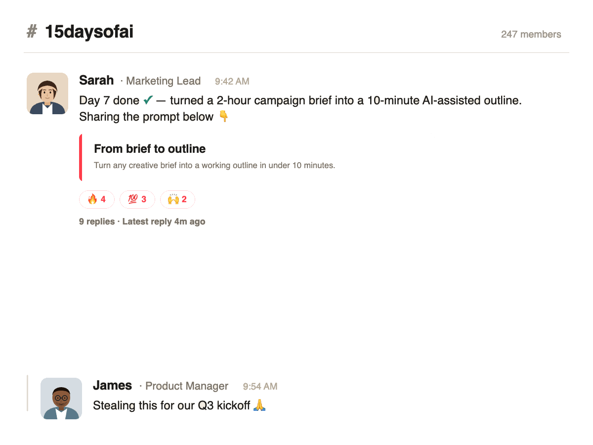 100 School app screenshot prompting users to share their learning with the team.